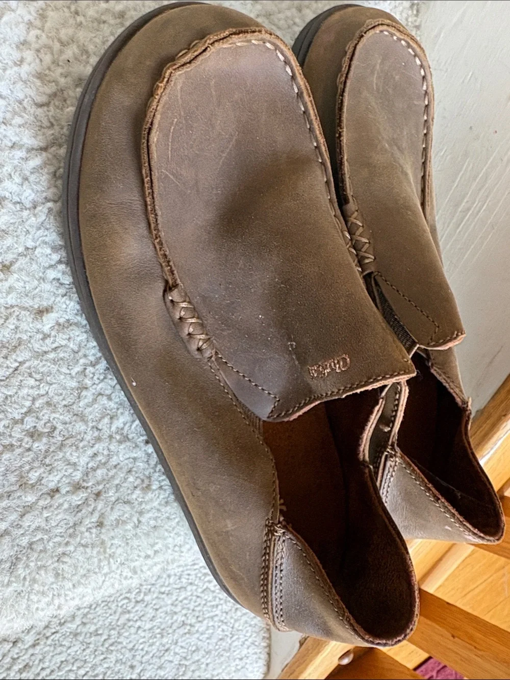 OluKai Boy’s Brown Leather Slip-On Loafers